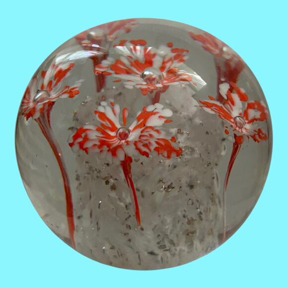 Vintage Round Handblown Art Glass Paperweight Six Stemmed Red & White Flowers - Picture 7 of 14